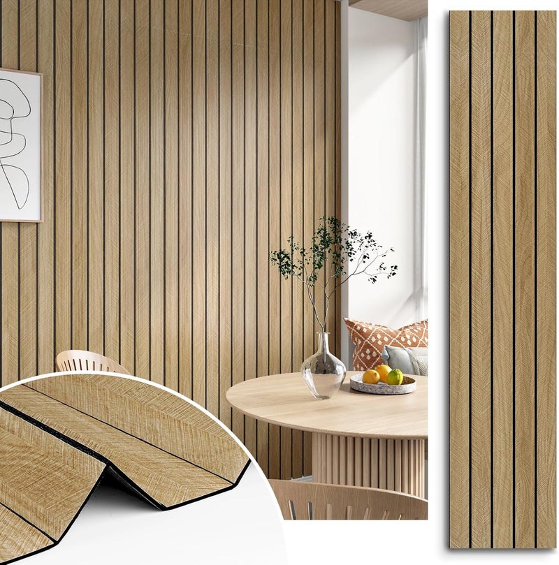 STICKEEP Brown 3D Wood Slat Panels for Walls Acoustic Slat Wall Paneling Peel and Stick Wood Panels Self Adhesive Textured Wooden Slats Wallpaper for Bedroom Living Room Ceilings 120" x 23.6" - Image 1